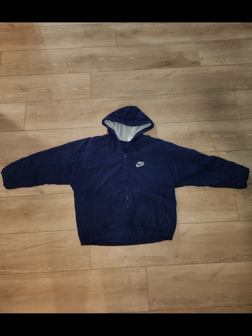 Vintage 90s Nike Jacket Large Navy Blue Full Zip Hooded Big Swoosh  Quilt  Lined